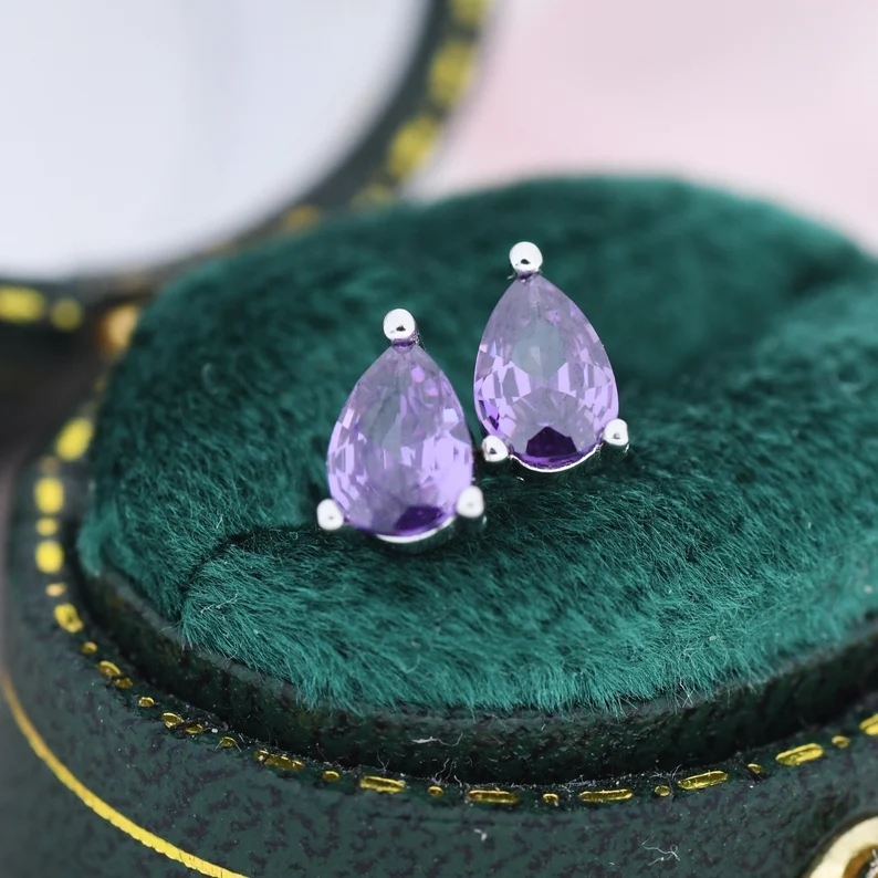 Sterling Silver Pear Cut Amethyst CZ Earrings, Purple Droplet Earrigns, February Birthstone CZ Earrings, Silver, Gold or Rose Gold