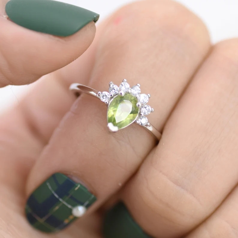 Genuine Pear Cut Peridot Crown Ring in Sterling Silver, Natural Peridot Crystal Ring, Vintage Inspired Design