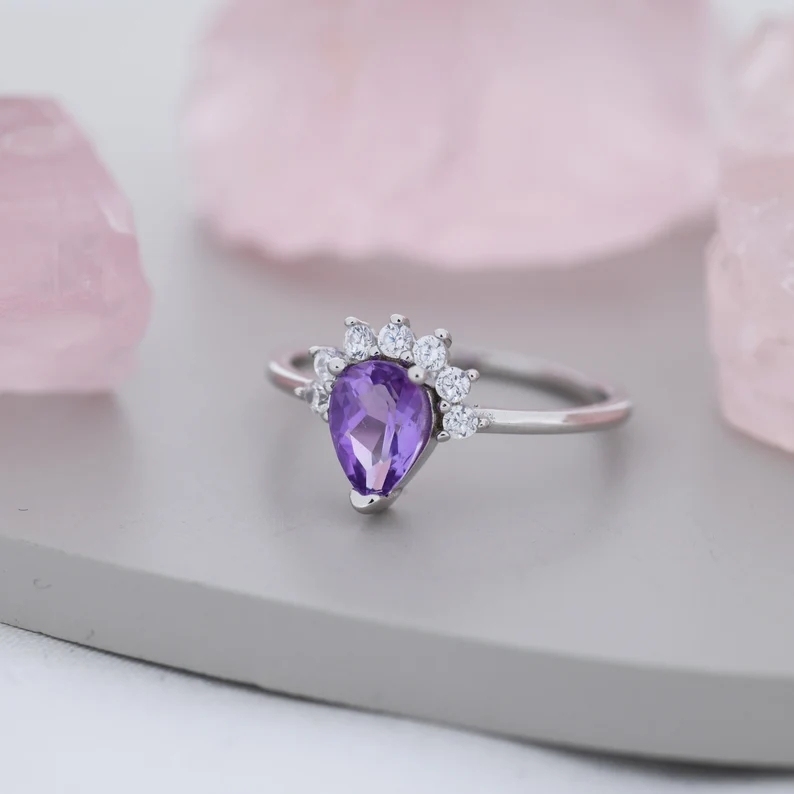 Genuine Pear Cut Amethyst Crown Ring in Sterling Silver, Natural Amethyst CZ Ring, Vintage Inspired Design
