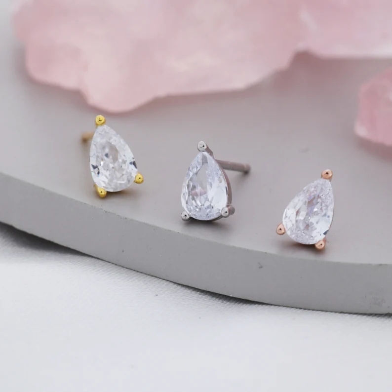 Sterling Silver Pear Cut CZ Earrings, Droplet Earrigns, April Birthstone CZ Earrings, Silver, Gold or Rose Gold