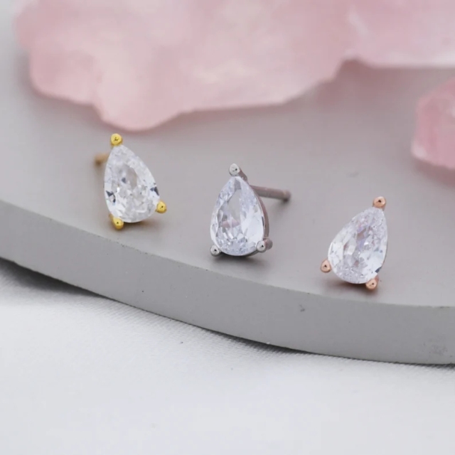 Sterling Silver Pear Cut CZ Earrings, Droplet Earrigns, April Birthstone CZ Earrings, Silver, Gold or Rose Gold