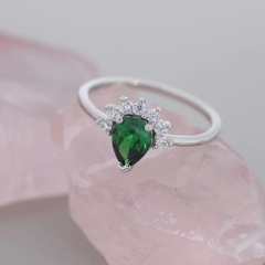 Pear Cut Emerald Green CZ Crown Ring in Sterling Silver, May Birthstone, Lab Emerald Ring, Vintage Inspired Design