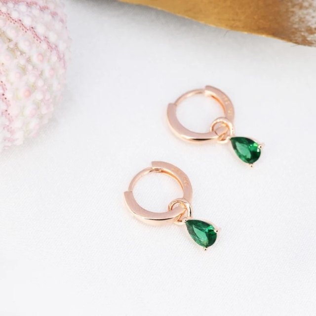 Sterling Silver Emerald Green CZ Droplet Hoop Earrings, Silver, Gold or Rose Gold, Pear Cut Drop Earrings, Interchangeable Charms