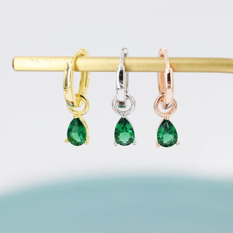 Sterling Silver Emerald Green CZ Droplet Hoop Earrings, Silver, Gold or Rose Gold, Pear Cut Drop Earrings, Interchangeable Charms