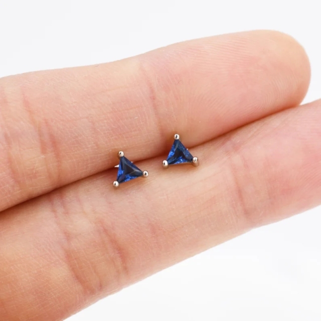 Sapphire Blue CZ triangle Stud Earrings in Sterling Silver, Silver or Gold, Dainty Earrings, Stacking Earrings, CZ Crystal Stud