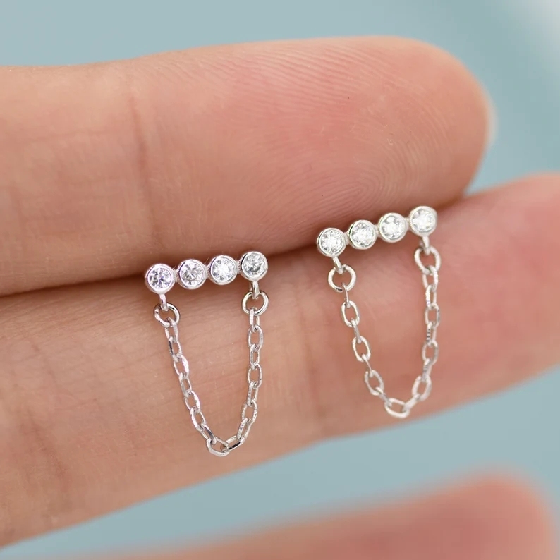 CZ Horizontal Bar Chained Stud Earrings in Sterling Silver, Silver, Gold or Rose Gold, Dangle Chain Earrings, Single Piercing