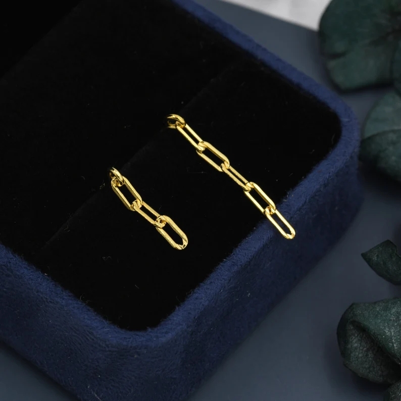 Asymmetric Chain Drop Earrings in Sterling Silver, Silver or Gold, Mismatched Dainty and Delicate Paperclip Chain EarringsGeometric