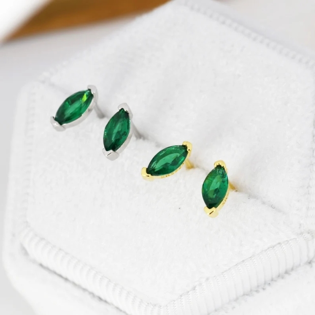 Sterling Silver Emerad Green Marquise Stud Earrings, Simulated Emerald Crystal, Minimalist Geometric Design, Birthstone