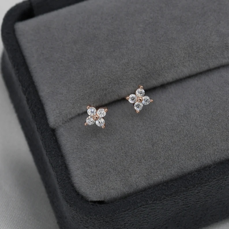 CZ Flower Stud Earrings in Sterling Silver, Rose Gold Over Sterling Silver, Hydrangea Flower Earrings, Four CZ Earrings