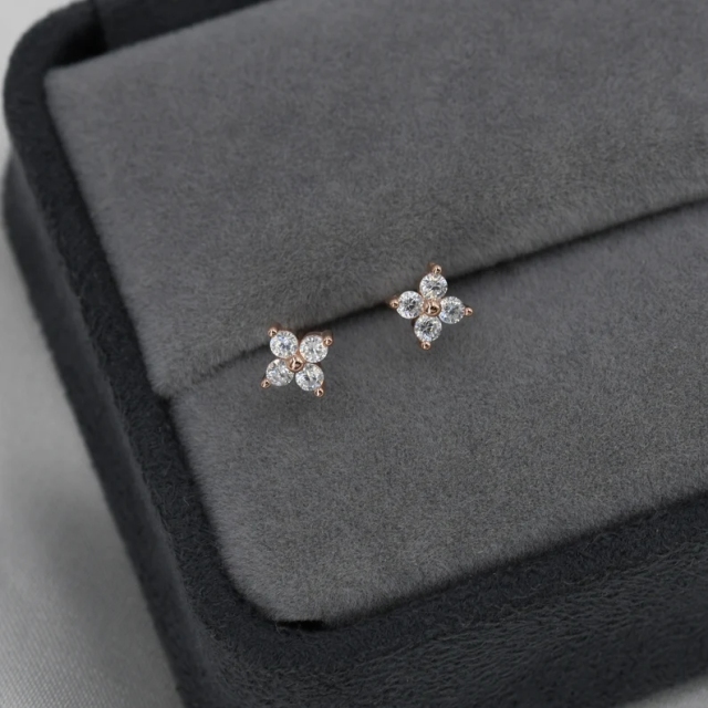 CZ Flower Stud Earrings in Sterling Silver, Rose Gold Over Sterling Silver, Hydrangea Flower Earrings, Four CZ Earrings