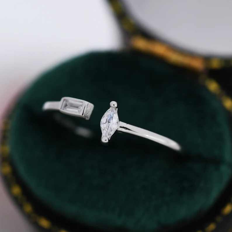 CZ Marquise and Baguette Open Ring in Sterling Silver, Silver or Gold, Adjustable, Geometric Minimalist CZ Ring