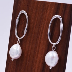 Sterling Silver Irregular Hoop Drop Stud Earrings with Baroque Pearls, Genuine Freshwater Pearls18ct Gold Plated Silver