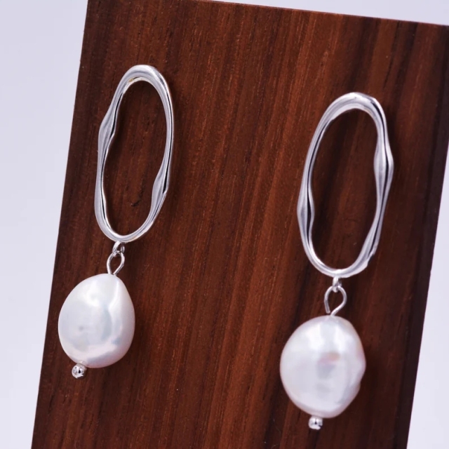 Sterling Silver Irregular Hoop Drop Stud Earrings with Baroque Pearls, Genuine Freshwater Pearls18ct Gold Plated Silver