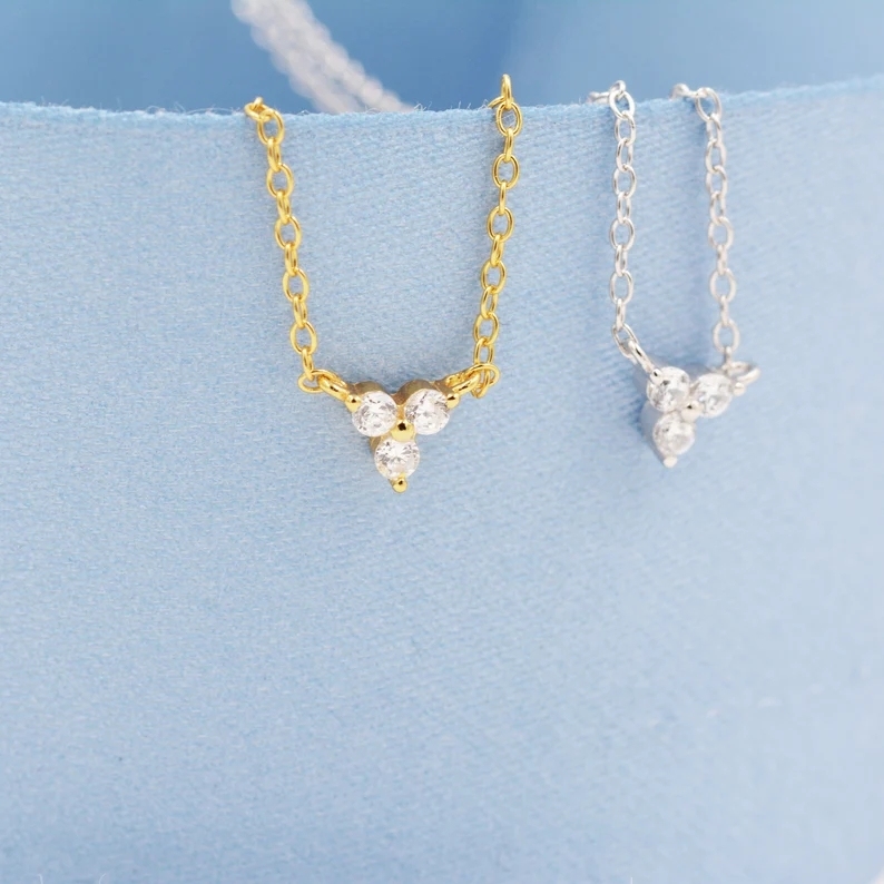 Extra Tiny Three Dot Necklace in Sterling Silver, Three CZ Trinity Necklace, Silver or Gold
