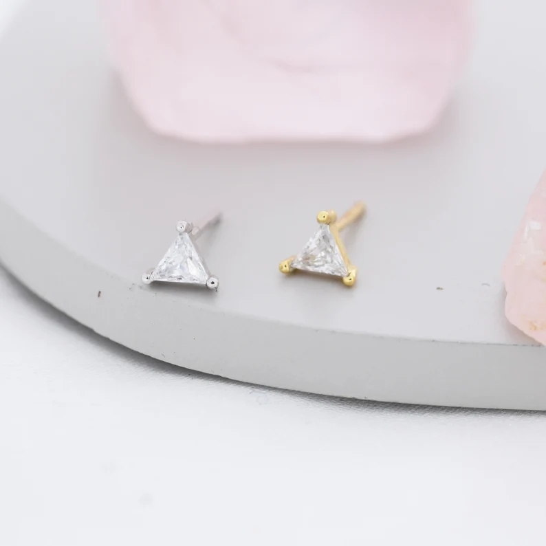 CZ triangle Stud Earrings in Sterling Silver, Silver or Gold, Dainty Earrings, Stacking Earrings, CZ Crystal Stud