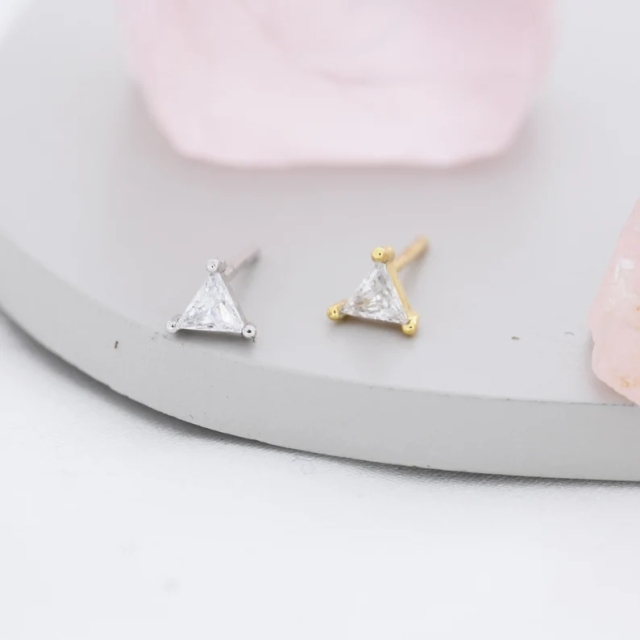 CZ triangle Stud Earrings in Sterling Silver, Silver or Gold, Dainty Earrings, Stacking Earrings, CZ Crystal Stud