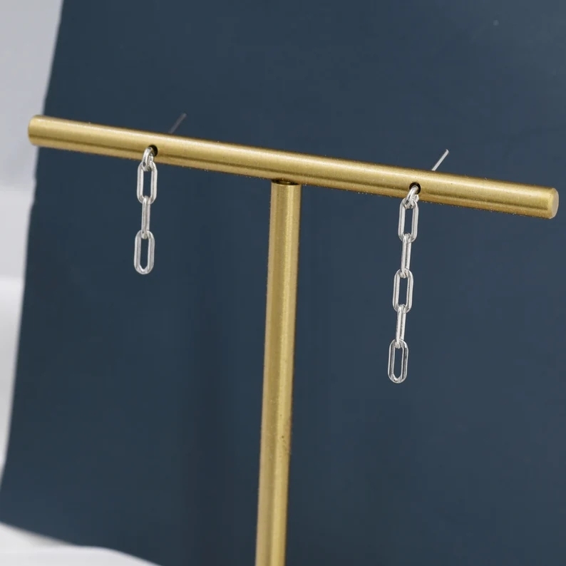Asymmetric Chain Drop Earrings in Sterling Silver, Silver or Gold, Mismatched Dainty and Delicate Paperclip Chain EarringsGeometric