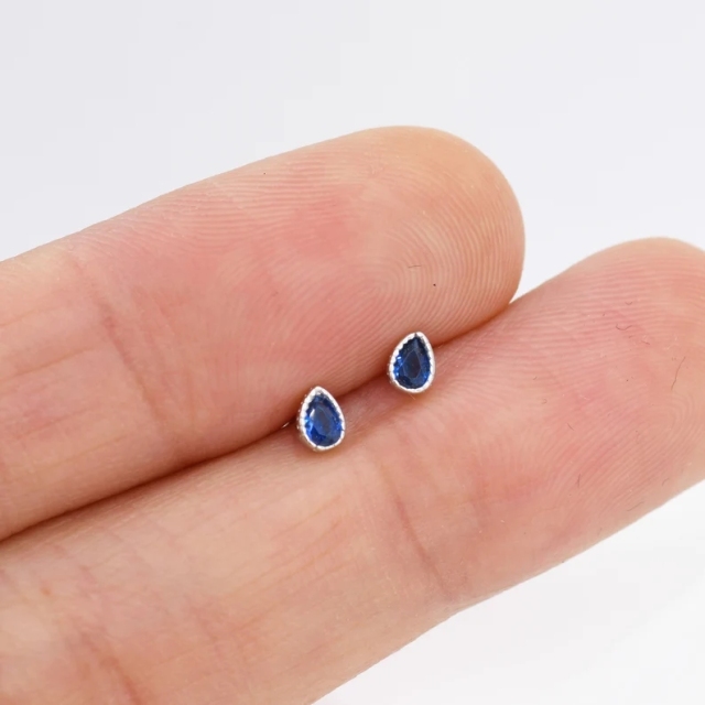 Tiny Sapphire Blue Droplet Stud Earrings in Sterling Silver, Pear Cut CZ Stud Extra Tiny, Stacking Earrings