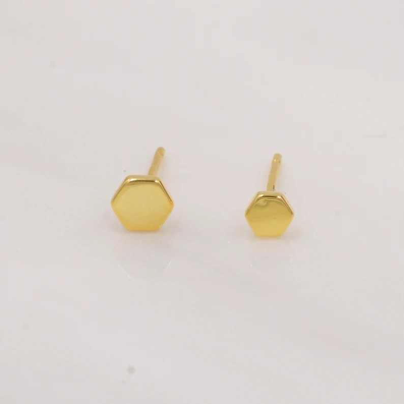 Sterling Silver Hexagon Geometry Stud Earrings, Silver or Gold, Minimalist Geometric Design, Anti-Tarnish Finish