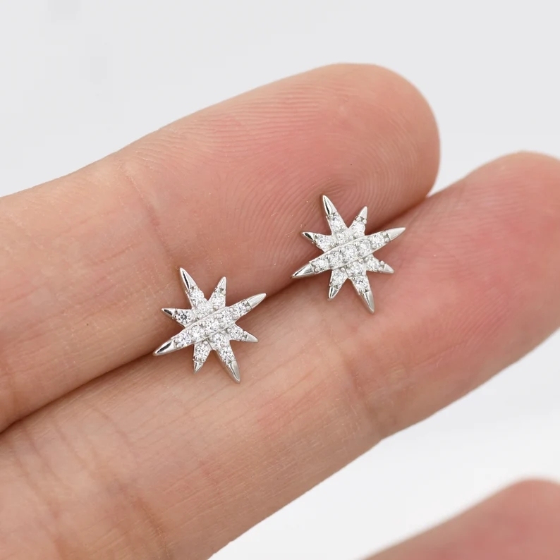 Starburst Stud Earrings in Sterling Silver with Sparkly CZ Crystals, North Star Earrings, Silver Gold and Rose Gold, Celestial Jewellery