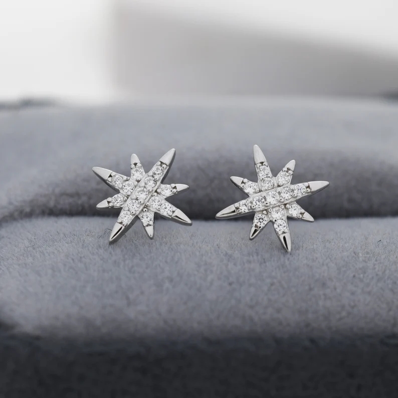 Starburst Stud Earrings in Sterling Silver with Sparkly CZ Crystals, North Star Earrings, Silver Gold and Rose Gold, Celestial Jewellery
