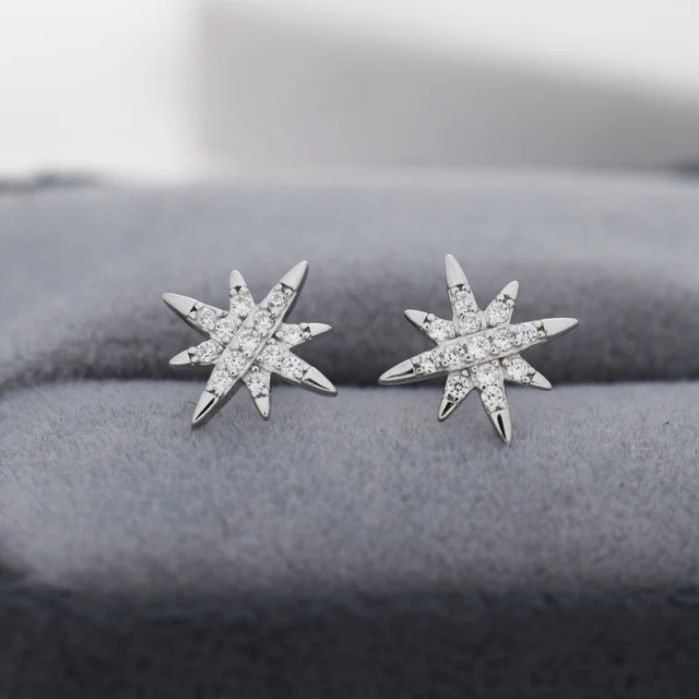 Starburst Stud Earrings in Sterling Silver with Sparkly CZ Crystals, North Star Earrings, Silver Gold and Rose Gold, Celestial Jewellery
