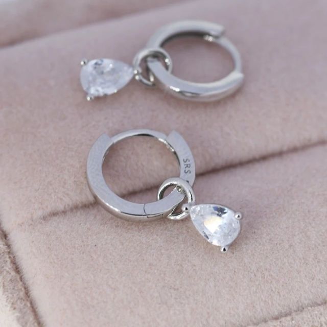 Sterling Silver Pear Cut CZ Droplet Hoop Earrings, Silver, Gold or Rose Gold, Droplet Dangle Hoop Earrings, Interchangeable Charms