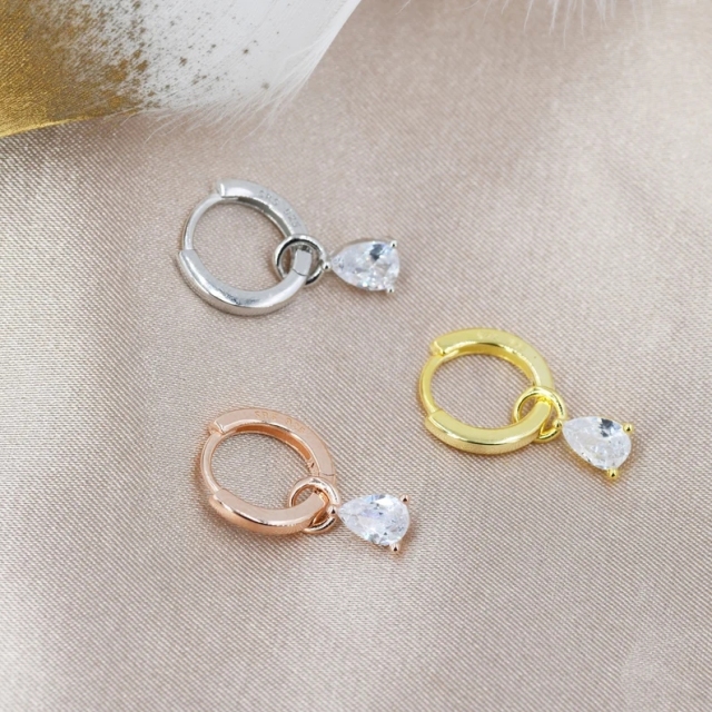 Sterling Silver Pear Cut CZ Droplet Hoop Earrings, Silver, Gold or Rose Gold, Droplet Dangle Hoop Earrings, Interchangeable Charms