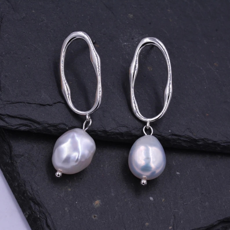 Sterling Silver Irregular Hoop Drop Stud Earrings with Baroque Pearls, Genuine Freshwater Pearls18ct Gold Plated Silver