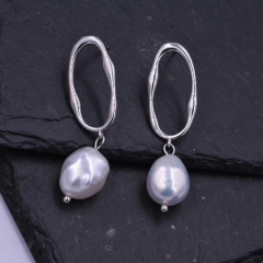Sterling Silver Irregular Hoop Drop Stud Earrings with Baroque Pearls, Genuine Freshwater Pearls18ct Gold Plated Silver