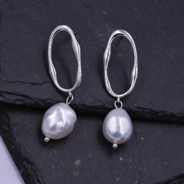 Sterling Silver Irregular Hoop Drop Stud Earrings with Baroque Pearls, Genuine Freshwater Pearls18ct Gold Plated Silver