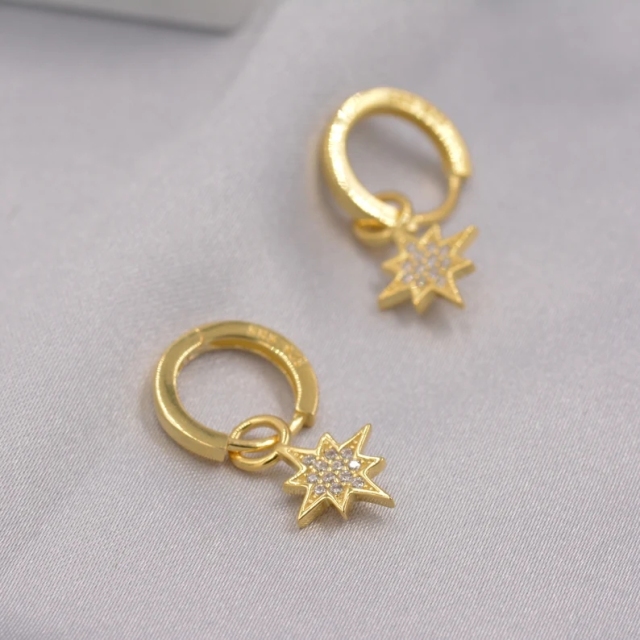 Starburst Charm Huggie Hoop Earrings in Sterling Silver with Detachable Star Burst Charms, North Star Celestial Geometric Design