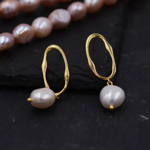 Sterling Silver Irregular Hoop Drop Stud Earrings with Baroque Pearls, Genuine Freshwater Pearls18ct Gold Plated Silver