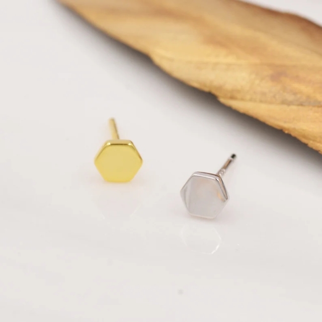 Sterling Silver Hexagon Geometry Stud Earrings, Silver or Gold, Minimalist Geometric Design, Anti-Tarnish Finish