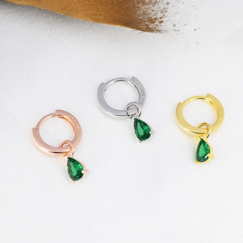 Sterling Silver Emerald Green CZ Droplet Hoop Earrings, Silver, Gold or Rose Gold, Pear Cut Drop Earrings, Interchangeable Charms