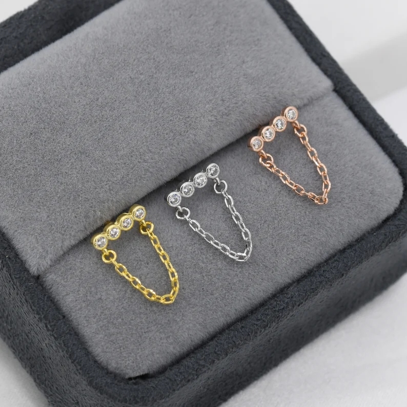 CZ Horizontal Bar Chained Stud Earrings in Sterling Silver, Silver, Gold or Rose Gold, Dangle Chain Earrings, Single Piercing