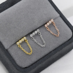 CZ Horizontal Bar Chained Stud Earrings in Sterling Silver, Silver, Gold or Rose Gold, Dangle Chain Earrings, Single Piercing