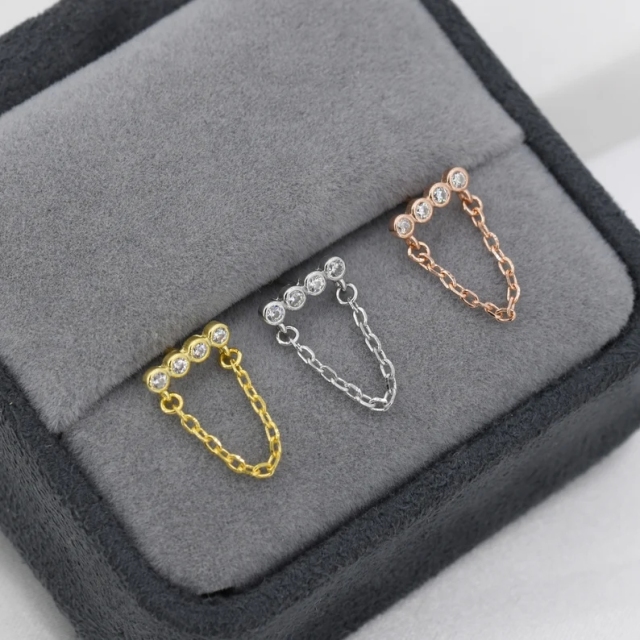 CZ Horizontal Bar Chained Stud Earrings in Sterling Silver, Silver, Gold or Rose Gold, Dangle Chain Earrings, Single Piercing