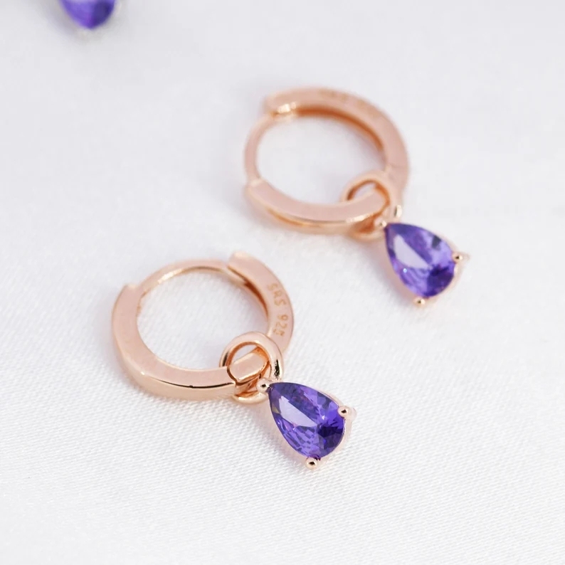 Sterling Silver Amethyst Purple CZ Droplet Hoop Earrings, Silver, Gold or Rose Gold, Pear Cut Drop Earrings, Interchangeable Charms