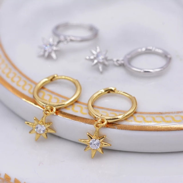 Starburst Huggie Hoop Earrings in Sterling Silver with Dangling Star Burst Charms, Single CZCelestial Geometric Design