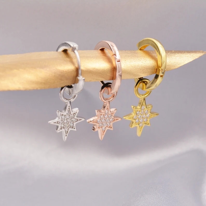 Starburst Charm Huggie Hoop Earrings in Sterling Silver with Detachable Star Burst Charms, North Star Celestial Geometric Design