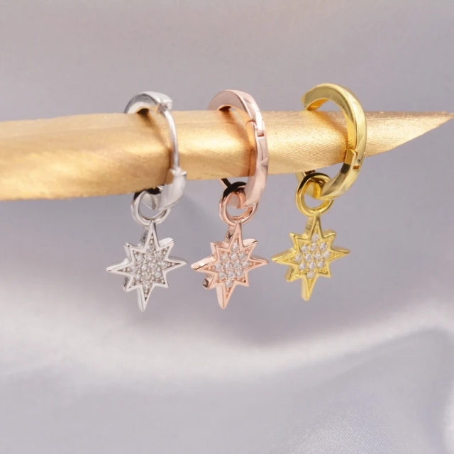 Starburst Charm Huggie Hoop Earrings in Sterling Silver with Detachable Star Burst Charms, North Star Celestial Geometric Design