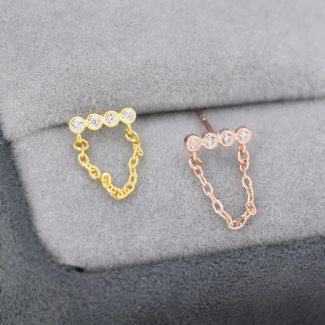 CZ Horizontal Bar Chained Stud Earrings in Sterling Silver, Silver, Gold or Rose Gold, Dangle Chain Earrings, Single Piercing