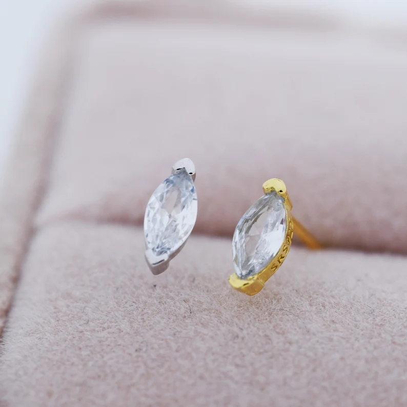 Sterling Silver Emerad Green Marquise Stud Earrings, Simulated Emerald Crystal, Minimalist Geometric Design, Birthstone