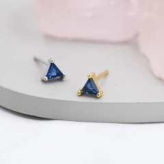 Sapphire Blue CZ triangle Stud Earrings in Sterling Silver, Silver or Gold, Dainty Earrings, Stacking Earrings, CZ Crystal Stud