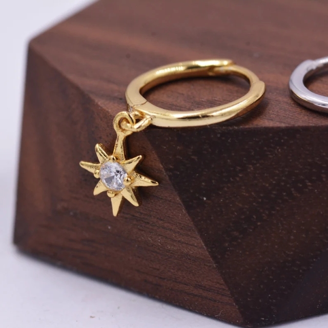 Starburst Huggie Hoop Earrings in Sterling Silver with Dangling Star Burst Charms, Single CZCelestial Geometric Design