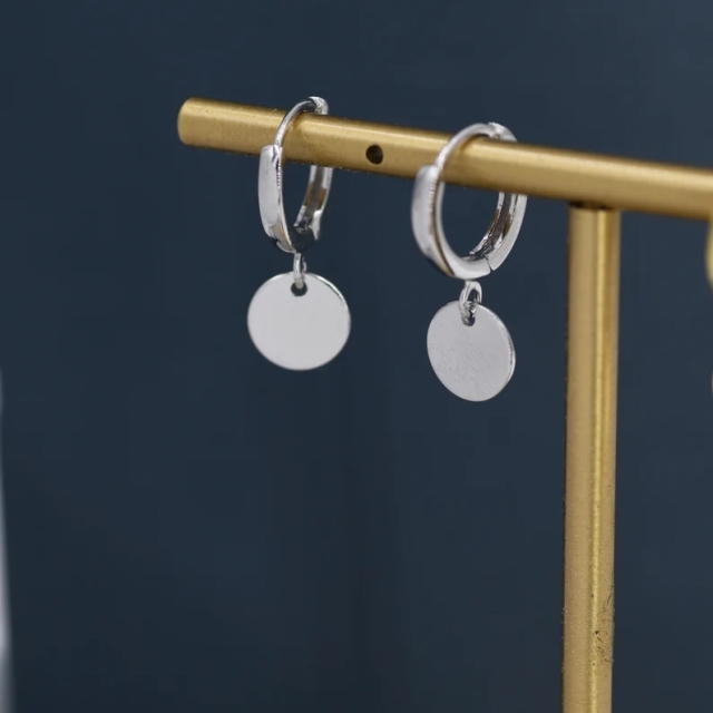Sterling Silver Round Disk Drop Earrings, Silver or Gold,Huggie Hoop Earrings with Dangling Coins, Coin Earrings,Hoop Earrings,Disk Charm