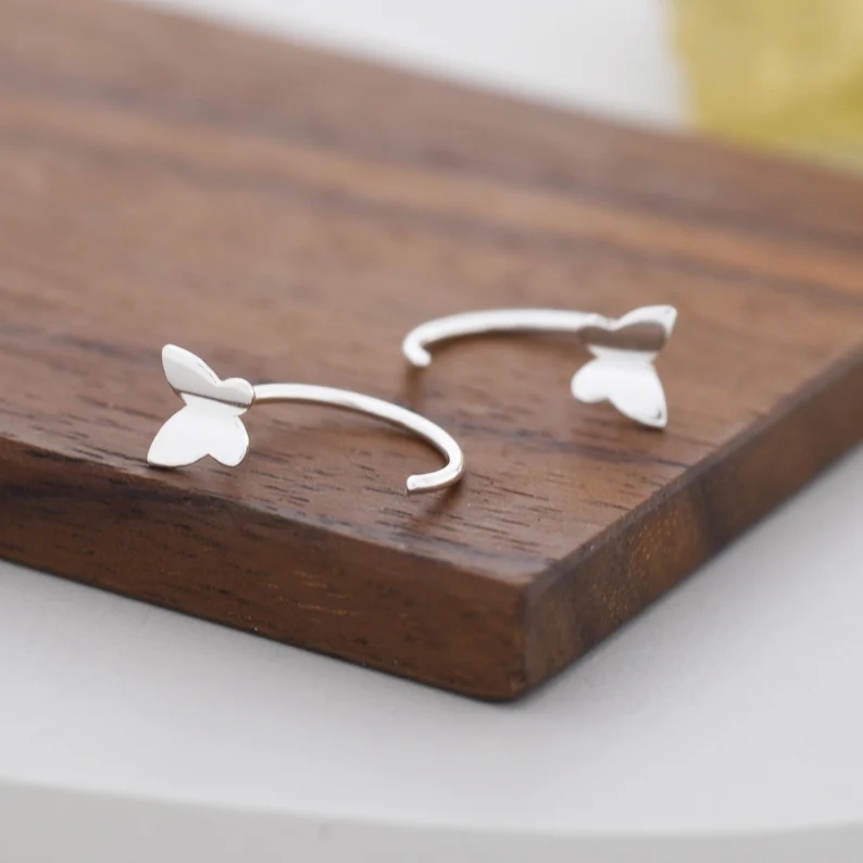 Butterfly Huggie Hoop Earrings in Sterling Silver, Silver, or Gold, Half Hoop, Open Hoop, Pull Through, Dainty Earrings, Butterfly Earrings