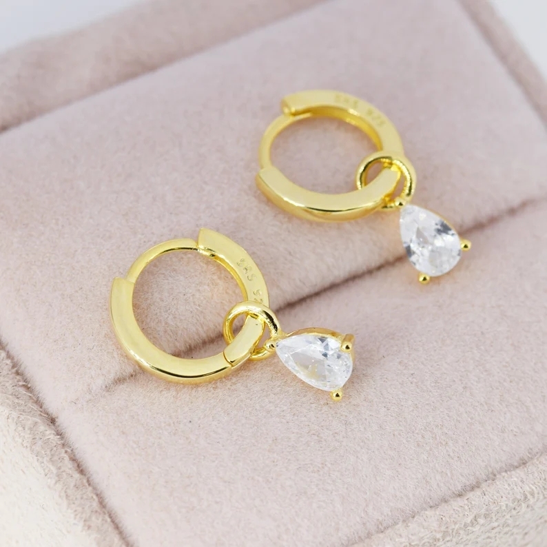 Sterling Silver Pear Cut CZ Droplet Hoop Earrings, Silver, Gold or Rose Gold, Droplet Dangle Hoop Earrings, Interchangeable Charms