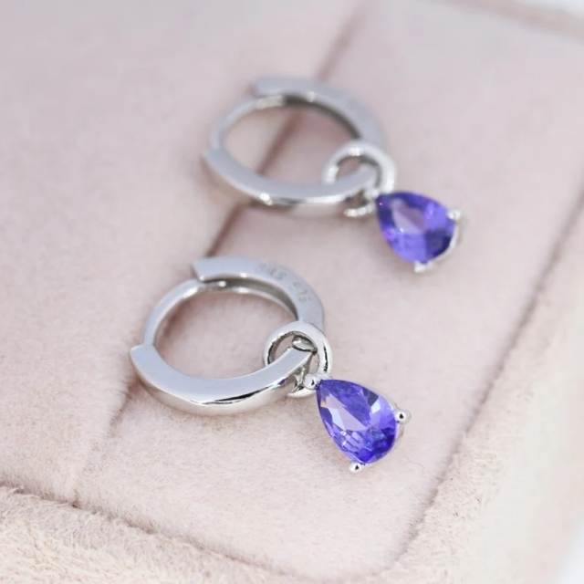 Sterling Silver Amethyst Purple CZ Droplet Hoop Earrings, Silver, Gold or Rose Gold, Pear Cut Drop Earrings, Interchangeable Charms